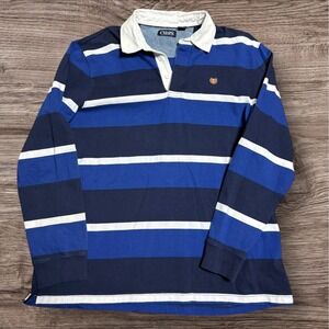 Chaps Rugby Mens XL Blue Polo Striped Collared Long Sleeve Y2K Preppy Crest